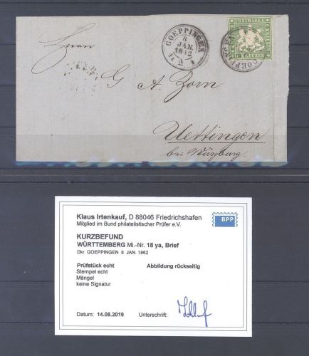 Württemberg, Brief Michel 18ya, 9 Kreuzer 1861 Göppingen EF, Befund BPP