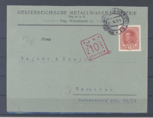 Dt. Bes. 1. WK Stadtpost Warschau, Firmen Zensurbrief aus Prag