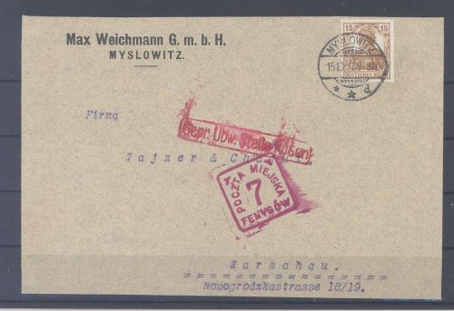 Dt. Bes. 1. WK Stadtpost Warschau, Zensurbrief aus Myslowitz