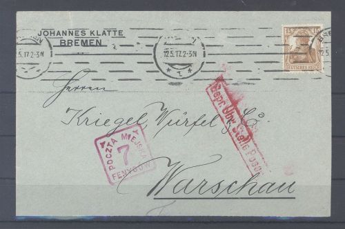 Dt. Bes. 1. WK Stadtpost Warschau, Zensurbrief aus Bremen