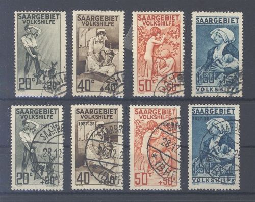 Saargebiet Mi.Nr. 104-07 und 122-25, Volkshilfe 1926-27 gestempelt