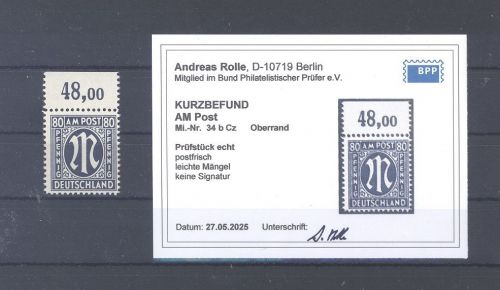 Bizone Michel Nummer 34 b Cz, 80 Pfg. AM Post 1945 **, Befund BPP