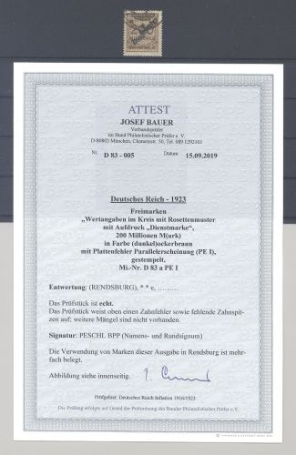 Dt. Reich Dienst Michel Nr. 83a Pe 1 200 Mio. 1923 gestempelt, FA BPP