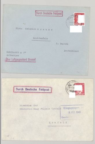 Dt. Feldpost 2. WK, 2 Feldpost Briefe 1943 über Luftgaupostamt Brüssel