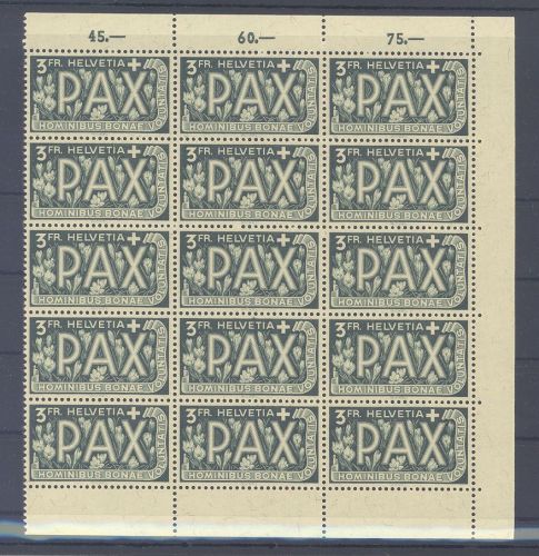 Schweiz Michel Nummer 457, 3 Fr. Pax 1945 ** Zwölferblock Eckrand