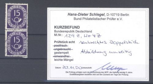 Bund Michel Nr. 129 Z Wasserzeichen Z gestempeltes Paar, Befund BPP