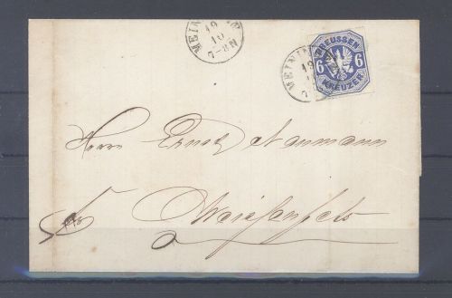 Preußen, Brief Michel Nummer 25, 6 Kreuzer 1867 EF Meiningen gp. BPP