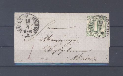 Thurn & Taxis, Brief mit Mi.Nr. 20, 1 Kreuzer grün als EF mit Ortsstempel