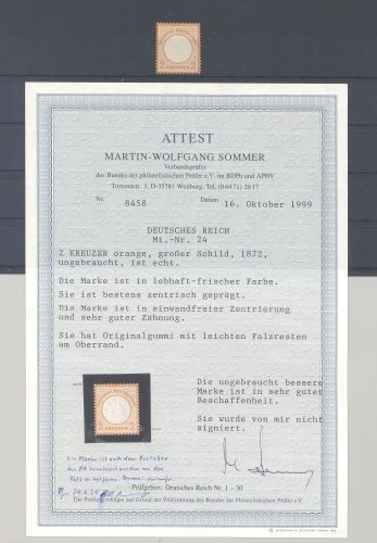 Dt. Reich Michel Nummer 24, 2 Kreuzer großes Brustschild *. FA BPP