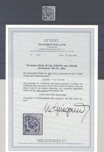 Dt. Reich Michel 48a I, 10 Pfg. Adler - Krone mit PF I gestempelt, FA BPP