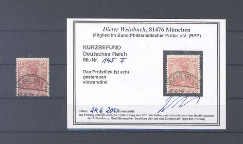 Dt. Reich Michel Nr. 145 bII bzw. F, 10 Pfg. 1920 gestempelt, Befund BPP