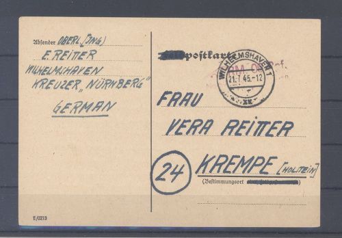 Dt. Feldpost 2. WK, Karte 1945 vom Kreuzer 1945 aus Wilhelmshafen