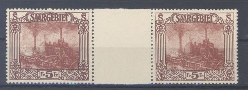 Saargebiet Michel Nr. 97, 5 Fr. Freimarken 1922 ** Zwischenstegpaar