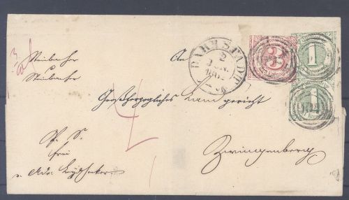 Thurn & Taxis, Brief 1862 mit 1 Kreuzer Paar MiF aus Darmstadt