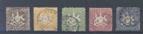 Württemberg Michel Nummer 16-20y, Freimarken 1861 gestempelt