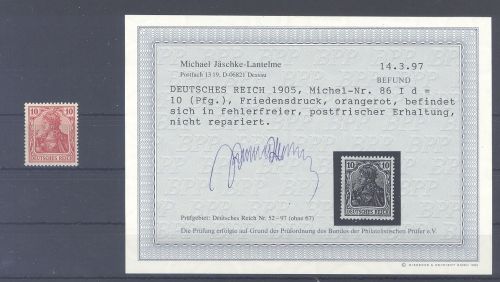 Dt. Reich Michel Nummer 86 I d, 10 Pfg. Freimarke 1915 **, Befund BPP