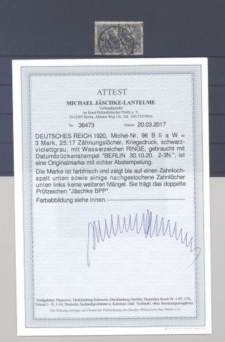 Dt. Reich Mi.Nr. 96 B II a W, 3 Mark Freimarke 1915 gestempelt, FA BPP