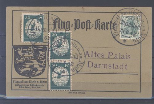 Dt. Reich, Karte mit 3 x Michel Nummer III, 30 Pfg. Flugpost 1912