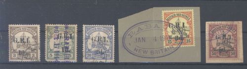 Dt. Kolonien Neuguinea, 5 verschiedene gestempelte G.R.I. Ausgaben
