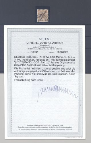 Dt. Kolonien DSWA Michel Nummer 5e, 3 Pfg. 1899 gestempelt, FA BPP