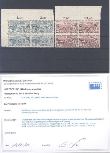 Franz. Zone Württemberg Mi Nr. 38-39x Viererblocksatz SST, Befund BPP