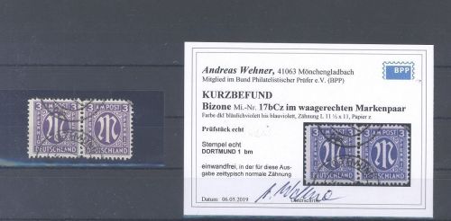 Bizone Michel Nummer 17bCz, 3 Pfg. gestempeltes Paar , Befund BPP