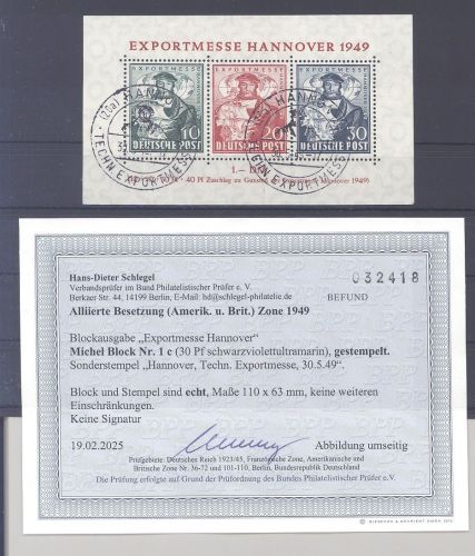 Bizone Block 1c, Exportmesse 1949 c gestempelt mit SST, Befund BPP