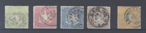 Württemberg Michel Nummer 30-34, Freimarken 1865 gestempelt