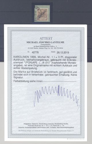 Dt. Kolonien Karolinen Michel Nummer 1 I, 3 Pfg. Briefstück, FA BPP