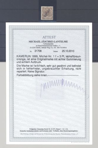 Dt. Kolonien Kamerun Mi. Nr. 1f, 3 Pfg. 1897-99 ungebraucht *, FA BPP