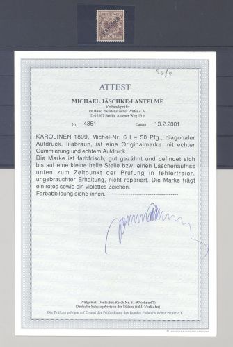 Dt. Kolonien Karolinen Michel Nummer 6 I, 50 Pfg. Freimarke 1900 ungebraucht *, FA BPP