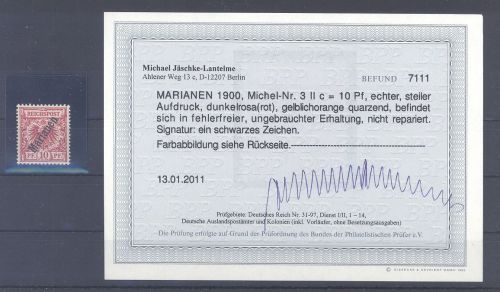 Dt. Kolonien Marianen Michel Nr. 3 IIc, 10 Pfg. 1899-1900 *, Befund BPP