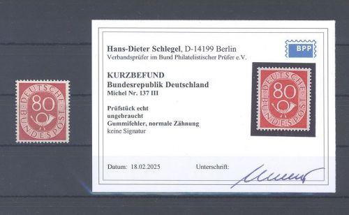 Bund Michel Nummer 137 III, 80 Pfg. 1951 ungebraucht *, Befund BPP