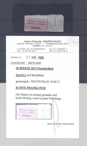 Schweiz Militär Portofreiheitsmarke Michel Nummer 1 Briefstück, Befund