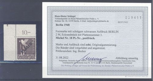 Berlin Mi.Nr. 18 Pl. Nr., 2 Mark Schwarzaufdruck 1948 **, Befund BPPP
