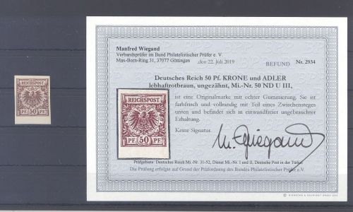 Dt. Reich Mi.Nr. 50 ND U III, 50 Pfg. 1889 ungezähnt *, Befund BPP