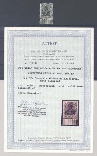 Dt. Reich Michel Nummer 104d, 75 Pfg. 1917 ** Unterrand, FA BPP