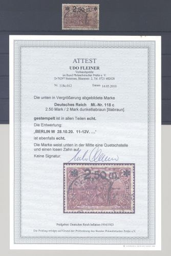 Dt. Reich Michel Nummer 118c, 2,50 Mark 1920 gestempelt, FA BPP