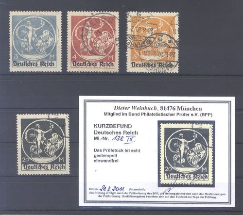 Dt. Reich Michel Nummer 134-36 und 138 IX gestempelt , geprüft BPP