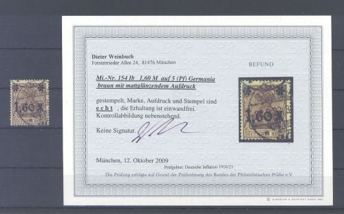 Dt. Reich Michel Nr. 154 I b, 1,60 Mark Farbe b gestempelt, Befund BPP