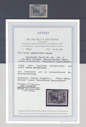 Dt. Reich Michel Nr. 196 I, 20 M. kopfstehender Unterdruck gest. FA BPP