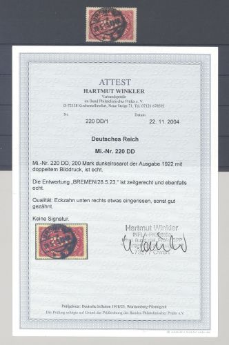 Dt. Reich Mi. Nr. 220 DD, 200 Mark Doppeldruck 1922 gestempelt, FA BPP