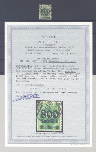 Dt. Reich Michel Nummer 307, 800 Tsd Freimarke 1923 gestempelt, FA BPP
