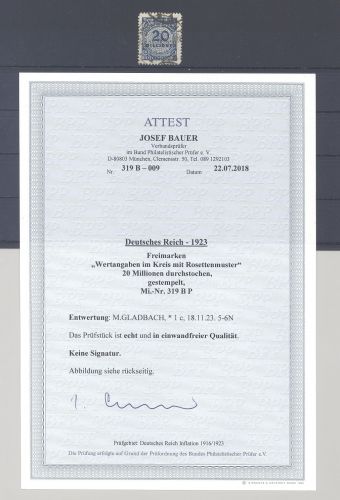 Dt. Reich Michel Nummer 319 B, 20 Mio. 1923 gestempelt, FA BPP