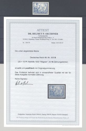 Dt. Reich Michel Nummer 505 B, 20 Pfg Wagner 1933 **, FA BPP