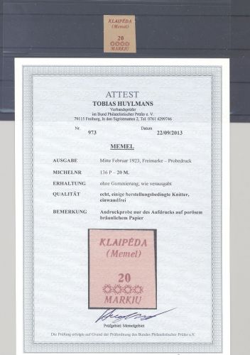 Memel Michel Nummer 136 P, 20 Markiu als Andruckprobe, FA BPP
