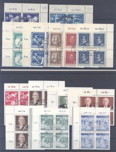 DDR, gestempelter Posten Viererblöcke aus 1950-52 auf 4 Steckkarten