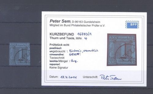 Thurn & Taxis Michel Nummer 4, 1 Sgr. mit Ortsstempel, Befund BPP