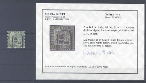 Baden Michel Nummer 21b, 18 Kreuzer 1862 gestempelt, Befund Brettl
