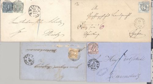Thurn & Taxis, 4 Briefe mit verschiedenen Kreuzerfrankaturen